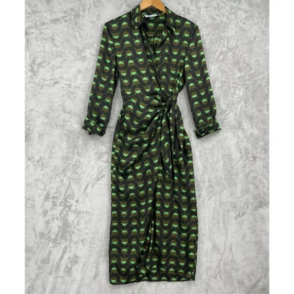 Zara Retro Printed Twill Wrap Shirt Midi Dress Disco Long Sleeve - Picture 2 of 15
